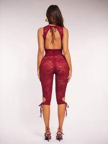 Radiana Women's Sexy Burgundy Lace 2-Piece Set, Lace Camisole + Low-Waist Lace Capri Pants, Sexy Hollow-Out Backless Lace Set, Fitted Lace Set, Capri Pants Set, Suitable For Dates, Gatherings, Parties, Galas, Nightclubs, Holidays, Vacations, Beaches, Holiday Outings - Burgundy - View 3
