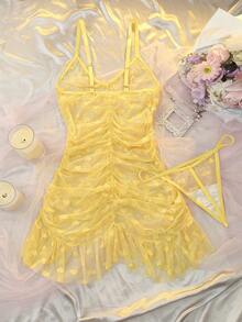 DelicateAllure 2pcs Mesh Patchwork Ruffle Hem Sheer Heart Jacquard Deep V Pleated Butt-Lifting Alluring Curve Innocent Sexy Dress + G-String Lingerie Set, Plus Size - Yellow - View 2