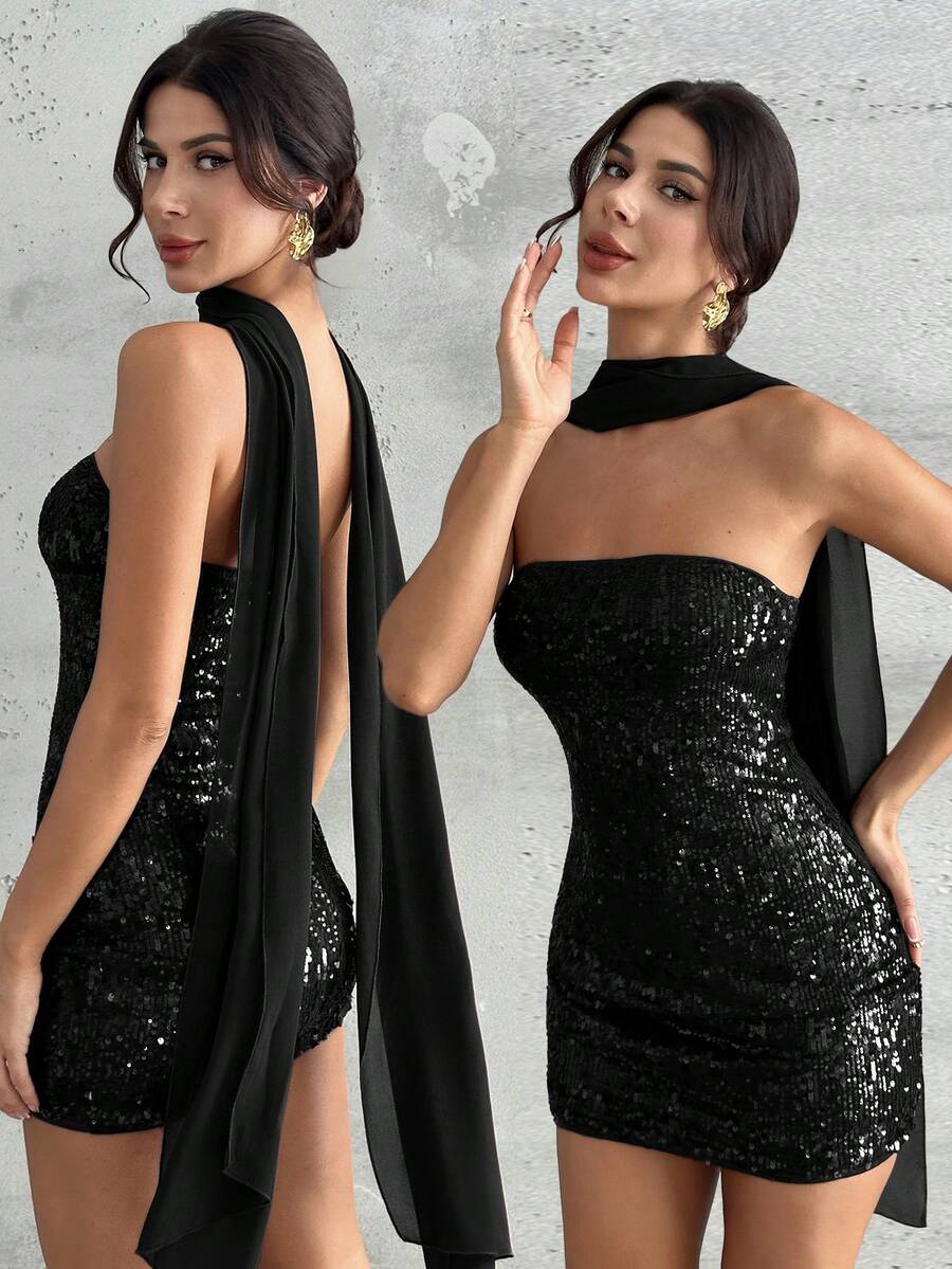 Firerie Váy ngắn bó sát không dây, chất liệu vải bóng màu nâu sequin sang trọng mới dành cho nữ, thời trang mùa thu, váy dự tiệc cưới, trang phục câu lạc bộ, trang phục đi chơi - màu đen - Xem 1