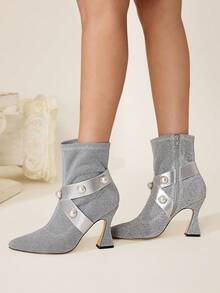 CUCCOO CHICEST Women's Fashionable & Elegant Pearl Embellished High Heel Ankle Boots For Christmas - Silver - View 7
