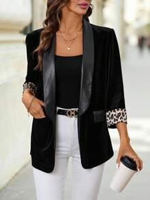 SHEIN Clasi 女士优雅丝绒撞色西装外套，适合日常穿着及多种场合，秋季黑色西装外套，女士豹纹西装外套，商务休闲上衣，女士猎豹纹上衣，女士感恩节外套，女士冬季外套 - 黑色 - 查看 5