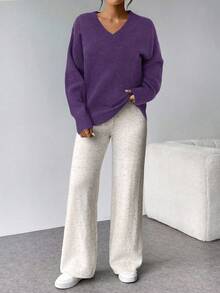 Firerie Women's Purple V Neck Drop Shoulder Sweater Casual Plain Rib-Knit Pullover Knitwear - Purple - View 5