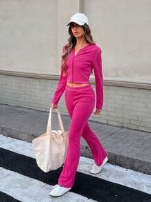 女士字母印花拉链连帽衫和喇叭裤睡衣套装 - 粉色 - 查看 4