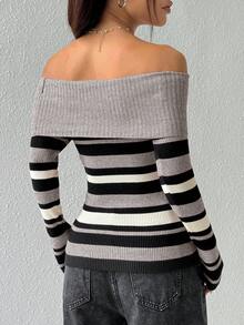 Jeanoix Áo len dài tay ôm sát hở vai kẻ sọc cho nữ - Xám - Xem 2