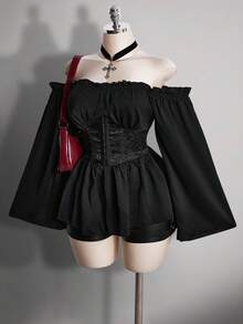 SHEIN ICON 女士黑色褶皱提花腰带拼接荷叶边露肩喇叭袖波浪下摆A字雪纺衬衫，适合派对和休闲穿着 - 黑色 - 查看 4