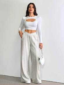 SHEIN Tall Quần dài thể thao ống rộng không đối xứng màu trắng mùa xuân Quần váy tốt nghiệp, trang phục trở lại trường, tốt nghiệp, trang phục giáo viên dành cho nữ, trở lại trường - Xám - Xem 6