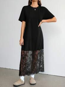 SHEIN Tall Robe décontractée ample à col rond et manches courtes de couleur unie avec dentelle. Convient pour les sorties, les déplacements, les tenues d'aéroport, les robes "Old Money", les tenues de sortie, les tenues d'enseignante, les robes élégantes pour femmes - Noir - Voir 4