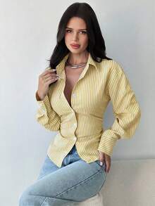 Firerie Women's Blue And White Striped Long Sleeve Shirt, Tie-Waist Shirt, Casual Commuter Shirt, Vacation Shirt, Cinched Waist Striped Shirt, Suitable For Spring, Summer, Autumn And Winter, Elegant, Vacation, Bohemian, Work Attire - Yellow - View 4