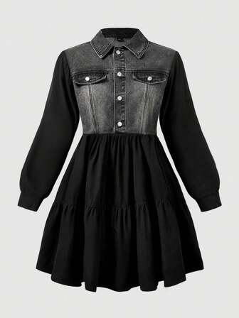 SHEIN CURVE+ Plusstorlek Dam Casual Midja Cinched Långärmad Denimklänning