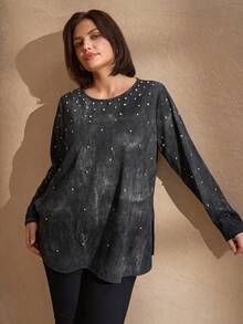 Chikora 大码女式水钻装饰扎染圆领长袖休闲T恤，黑色纯色亮银色烫金弹力针织V领长袖T恤，黑色，秋季，外出上衣 - 黑色 - 查看 6