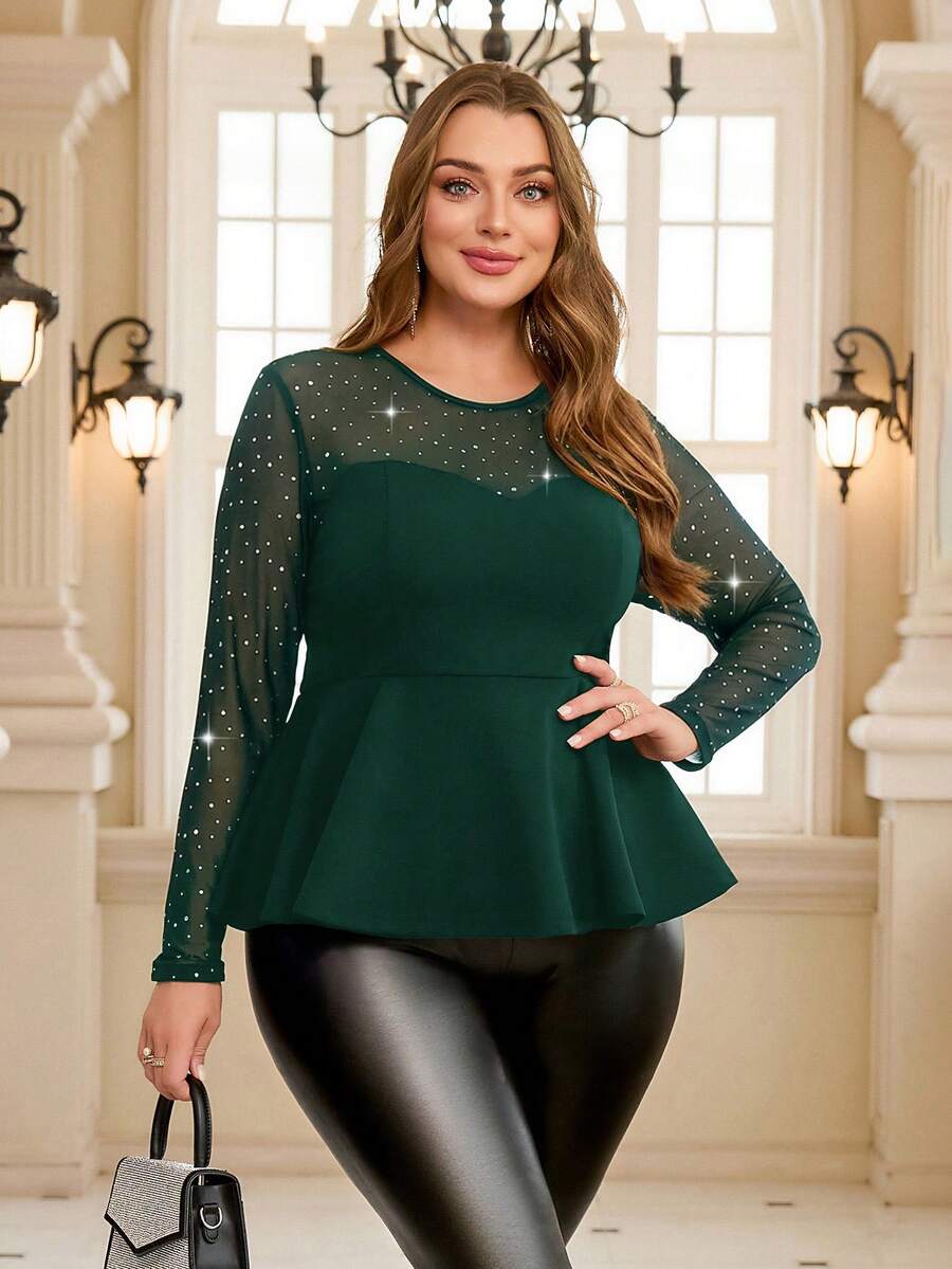 SHEIN Clasi Camiseta negra de talla grande con parches de malla, dobladillo con volantes, ajustada, adecuada para la temporada de carnaval - Verde Oscuro - Ver 1