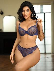 SHEIN Women Lace Underwire Soft Cup Bra Set - Navy Blue - View 3