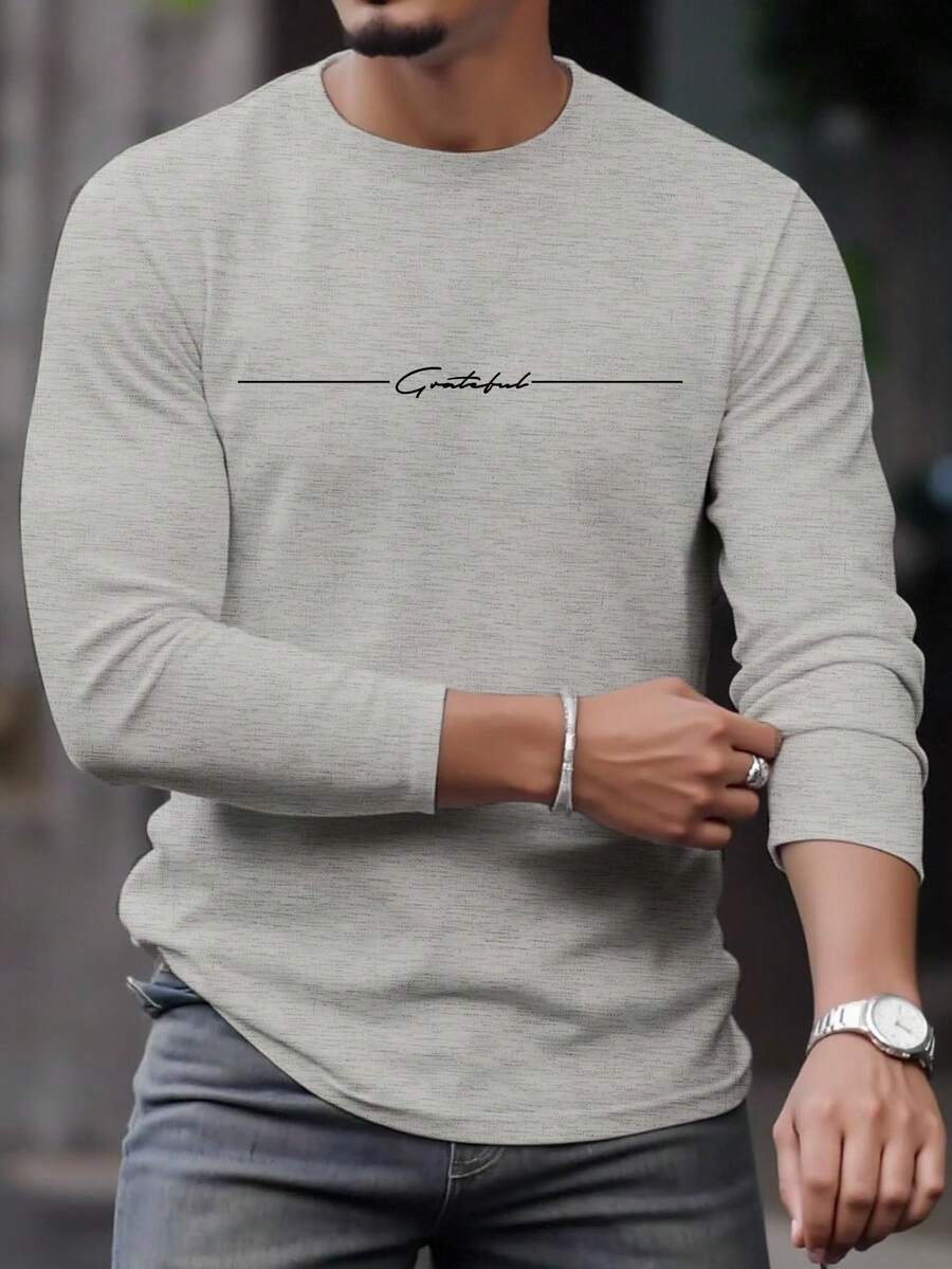 Manfinity Homme 男士字母印花圆领长袖休闲百搭T恤 - 灰色 - 查看 1