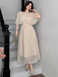 DAZY 女士优雅长裙，采用闪亮面料和肩披式设计 - 米色 - 查看 4