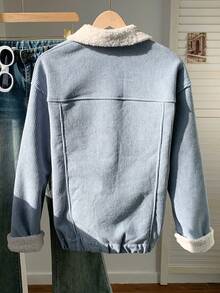 SHEIN EZwear 落肩泰迪内衬长袖拉链红色 PU 皮革谷仓夹克 冬季 - 霧霾藍 - 查看 2