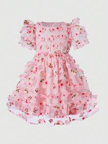 Glamorique Kids 3D提花优雅舒适公主裙，适合女孩穿着，可用于派对、生日、日常穿着，夏季皆宜。 - 粉色 - 查看 6