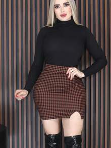 conjunto de dos piezas falda mas blusa basica de dama ideal para esta temporada conjunto basico para si armario conjunto de falda y blusa de cuello alto manga larga mateo18 - cafe - Ver 1