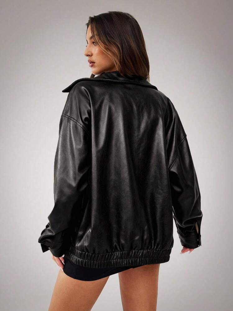SHEIN BAE Veste ample à fermeture éclair avec épaules tombantes, style vintage pour femmes. Texture mouchetée  synthétique brun, aspect lavé et usé. Idéal pour l'automne, Noël, l'hiver et Halloween. - Noir - Voir 2