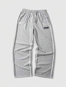 ROMWE MEN Men's Casual Versatile Letter Graphic Drawstring Waist Sweatpants - Light Grey - View 1