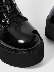 Sugerpunk Women's Glossy Thick Sole Punk Style Lace-Up Chunky Heel Ankle Boots For Christmas - Black - View 6