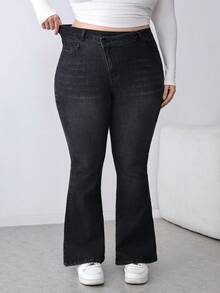 SHEIN Tall CURVE 秋冬季加大码女式纯色交叉腰袋修身喇叭牛仔裤，弹力舒适黑色水洗牛仔喇叭裤 - 黑色 - 查看 4