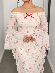 Modelyn Robe élégante pour femmes grandes tailles avec imprimé floral, épaules dénudées, volants et manches évasées ajustées - Multicolore - Voir 7