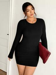 Lounesse Plus Size Women Black Bodycon Long Sleeve Dress, Casual Everyday Wear Black Bodycon Dress Ribbed Dress Black Long Sleeve Dress Black Sexy Dress Women Black Tight Dress
