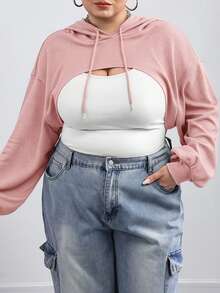 SHEIN CURVE+ Plus-Size Black Knitted Ultra-Short Hooded Sweater, Suitable For Autumn And Winter Wear/Autumn /Winter - Pink - View 3