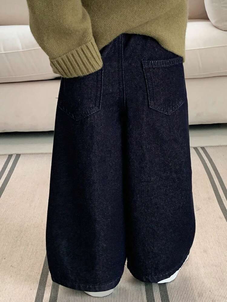 Toddler Boys' Waist Splicing Leopard Print Casual Retro Washed Blue Wide Leg Jeans