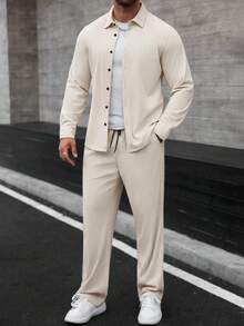 Manfinity Homme Męska jednorzędowa koszula z długim rękawem i spodniami w jednolitym kolorze, garnitur casualowy - Morela - Zobacz 6