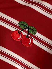 Resyla Women's Striped Cherry Embroidery Fashionable Casual Comfortable T-Shirt - White - View 3