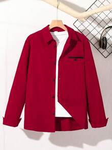 青少年男士绅士风单件红色领休闲短袖衬衫，绅士衬衫，商务优雅校园风，生日派对日常休闲外套，优雅简约，情人节青少年男士长袖衬衫 - 紅色 - 查看 5