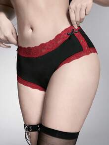 ROMWE Goth 1条黑色棉质蕾丝边女士内裤，情人节礼物 - 酒紅色 - 查看 1