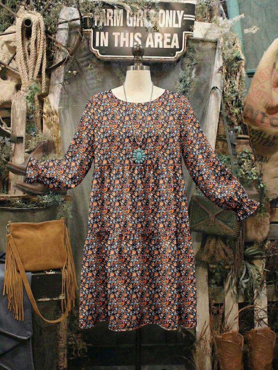 EMERY ROSE Casual Minimalist Ditsy Floral Pattern Loose Fit Round Neck Plus Size Dress, Suitable For Autumn/Winter - Multicolor - View 1