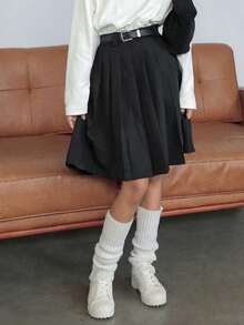 DAZY 少女纯色百褶休闲迷你裙 - 黑色 - 查看 2