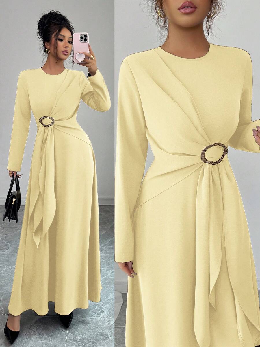 Elenzga 女士优雅纯色圆领交叉系带A字长袖连衣裙，适合休闲、通勤、度假、下午茶、圣诞派对等场合。 - 黃色 - 查看 1