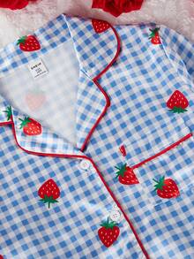Girls Strawberry Plaid Print Faux Silk Pajama Set Strawberry Pajama Set Gingham Pajama Set - Baby Blue - View 4