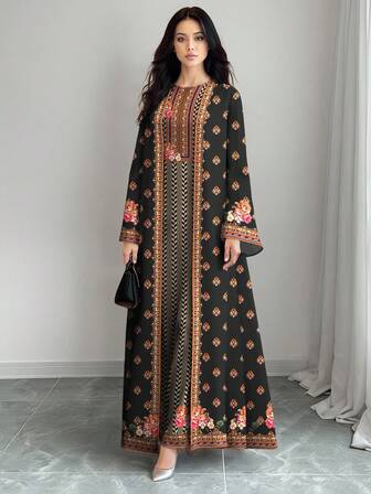 SHEIN Najma Plus Size Women Vintage Floral & Herringbone Print Elegant Round Neck Maxi Dress With Abaya Cardigan, 2-Piece Set, Spring/Summer