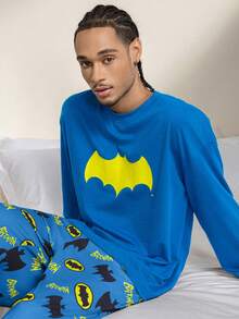BATMAN X SHEIN Men's Bat Print Drop Shoulder Loose Long Sleeve Top And Pants Loungewear Set, Spring/Autumn - Blue - View 5