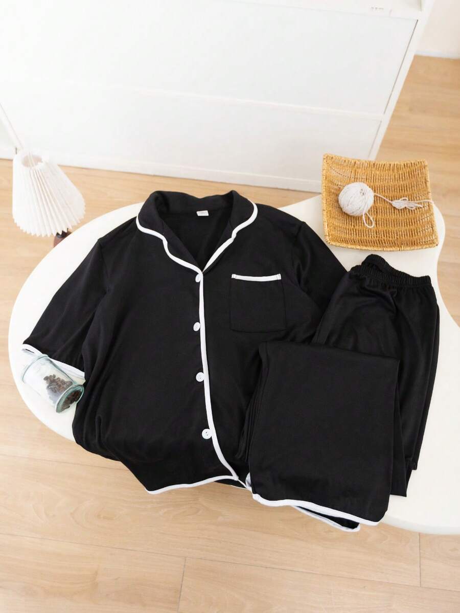 Teenage Boys/Men's Casual White Stripe Trim Sleeve & Collar Short Sleeve Top And Pants Loungewear Set, Milk Silk Fabric - Black - View 1