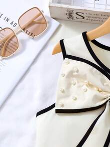 SHEIN 时尚休闲珍珠蝴蝶结可拆卸撞色滚边无袖上衣，适合少女夏季旅行、度假、海滩和户外活动穿着。 - 杏色 - 查看 9