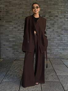 DAZY Bộ 2 món áo khoác blazer và quần ống đứng kèm thắt lưng rộng rãi cho nữ, thường ngày - Cà phê nâu - Xem 3