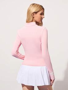 CourtClass Casual Versatile Pink Zipper Long Sleeve Thumb Hole Cuff Contrast Stripe Sports Tennis Jacket - Multicolor - View 2