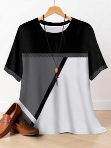 INAWLY Women's Plus Comfort Patchwork Color Block Full Print Short Sleeve T-Shirt - Multicolor - View 1