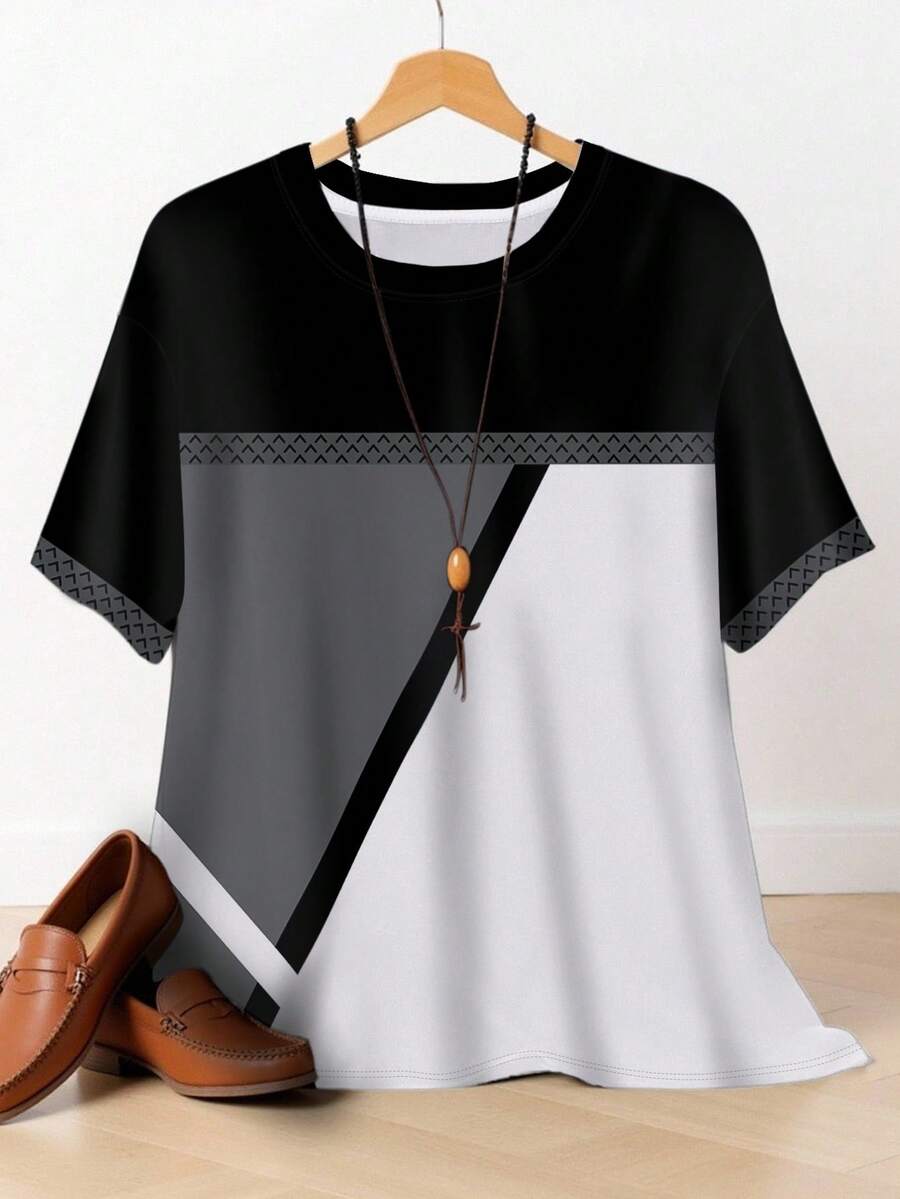 INAWLY Women's Plus Comfort Patchwork Color Block Full Print Short Sleeve T-Shirt - Multicolor - View 1