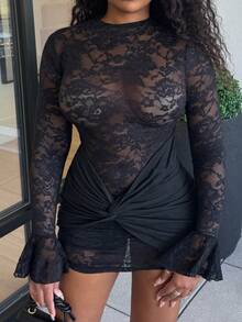 Alexandranx 夏季海滩度假纯色勃艮第性感透视蕾丝迷你连衣裙，适合日常约会、夜间外出、夜总会、派对、聚会、鸡尾酒会、泳池派对、返校季服装、学校季连衣裙、节日连衣裙、音乐节服装、乡村音乐节服装、音乐会服装 - 黑色 - 查看 3