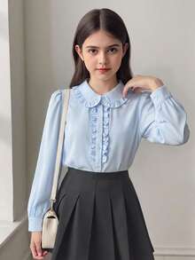 SHEIN 少女宽松休闲优雅荷叶边泡泡袖纽扣衬衫，长袖上衣，舒适日常休闲校服衬衫 - 淺藍色 - 查看 1