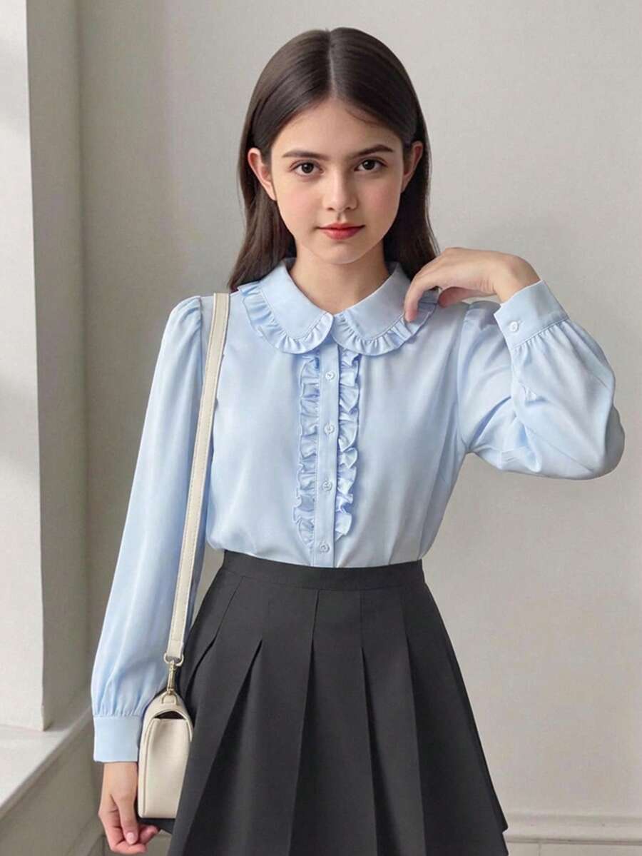 SHEIN 少女宽松休闲优雅荷叶边泡泡袖纽扣衬衫，长袖上衣，舒适日常休闲校服衬衫 - 淺藍色 - 查看 1