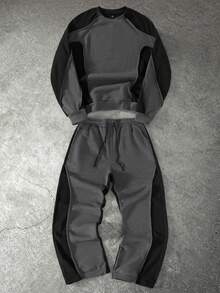 PAVTROS 男士拼色圆领长袖休闲运动衫和运动裤宽松套装，秋季，男士两件套，男士两件套运动裤，男士运动服，男士两件套春秋季 18 25 63 77，舒适服装 - 深灰色 - 查看 1