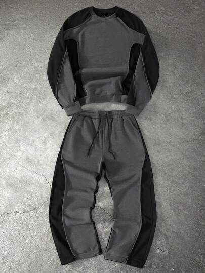 PAVTROS 男士拼色圆领长袖休闲运动衫和运动裤宽松套装，秋季，男士两件套，男士两件套运动裤，男士运动服，男士两件套春秋季 18 25 63 77，舒适服装